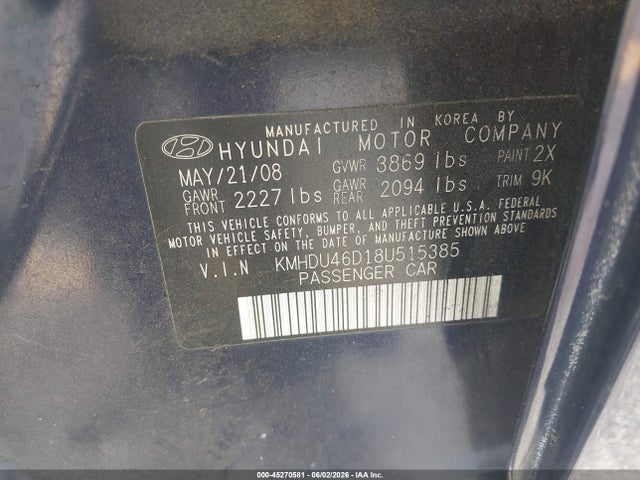 Продаж на аукціоні авто 2008 Hyundai Elantra Gls/se, vin: KMHDU46D18U515385, номер лоту: 45270581