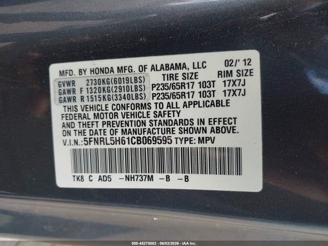 45270582 :رقم المزاد ، 5FNRL5H61CB069595 vin ، 2012 Honda Odyssey Ex-l مزاد بيع