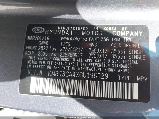 Продажа на аукционе авто 2016 Hyundai Tucson Se, vin: KM8J3CA4XGU196929, номер лота: 45270589