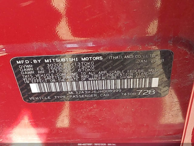 Aukcja sprzedaży 2018 Mitsubishi Mirage Es, vin: ML32A3HJ6JH008999, numer aukcji: 45270591