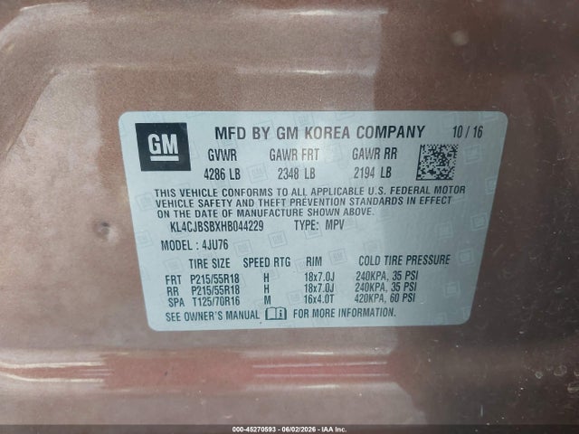 45270593 :رقم المزاد ، KL4CJBSBXHB044229 vin ، 2017 Buick Encore Preferred Ii مزاد بيع