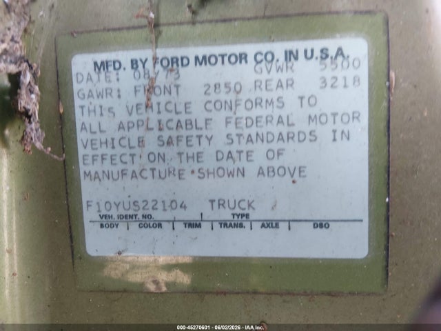 45270601 :رقم المزاد ، F10YUS22104 vin ، 1973 Ford F100 مزاد بيع
