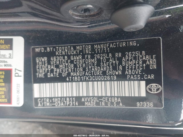 Aukcja sprzedaży 2012 Toyota Camry Hybrid Xle, vin: 4T1BD1FK3CU002619, numer aukcji: 45270612