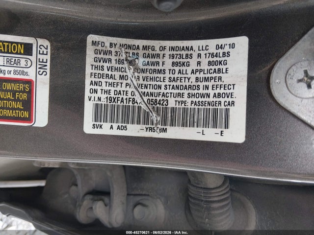 Aukcja sprzedaży 2010 Honda Civic Ex, vin: 19XFA1F84AE058423, numer aukcji: 45270621