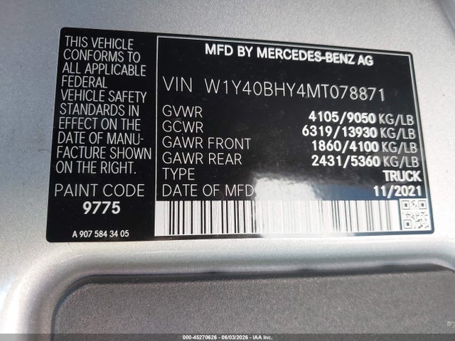 45270626 :رقم المزاد ، W1Y40BHY4MT078871 vin ، 2021 Mercedes-benz Sprinter 2500 Standard Roof I4 مزاد بيع