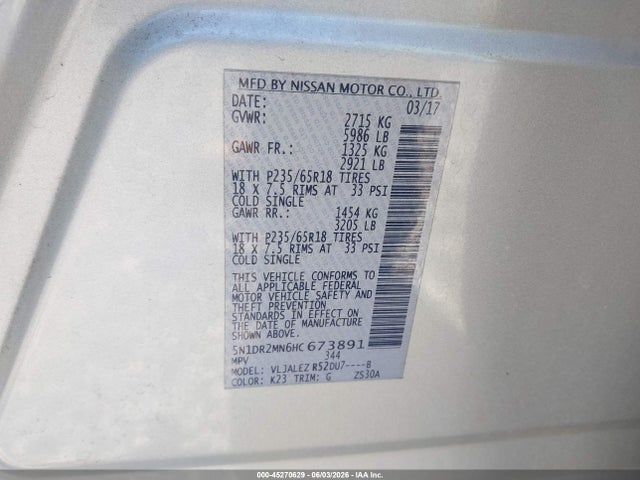 Nissan Pathfinder Sv 2017 5N1DR2MN6HC673891 Image 9