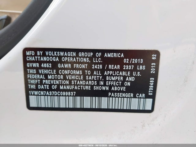 Aukcja sprzedaży 2013 Volkswagen Passat 2.0l Tdi Sel Premium, vin: 1VWCN7A37DC099837, numer aukcji: 45270636