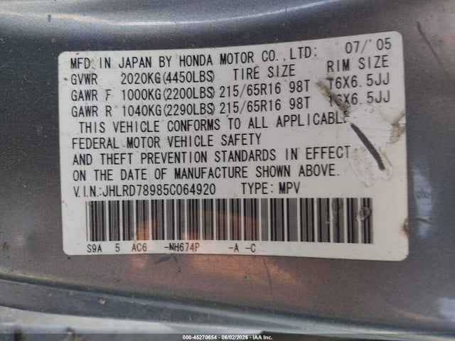 Auction sale of the 2005 Honda Cr-v Se, vin: JHLRD78985C064920, lot number: 45270654