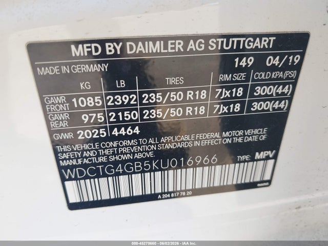 Aukcja sprzedaży 2019 Mercedes-benz Gla 250 4matic, vin: WDCTG4GB5KU016966, numer aukcji: 45270660