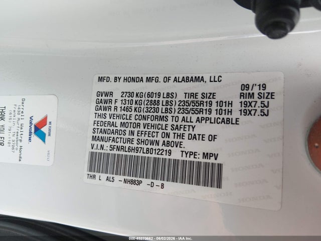 Aukcja sprzedaży 2020 Honda Odyssey Elite, vin: 5FNRL6H97LB012219, numer aukcji: 45270662
