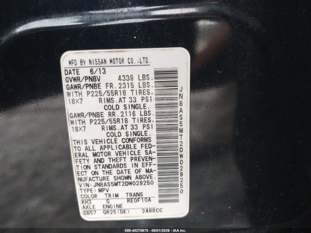 2013 Nissan Rogue Sv W/sl Pkg მანქანა იყიდება აუქციონზე, vin: JN8AS5MT2DW029250, აუქციონის ნომერი: 45270670