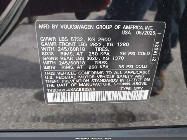 Aukcja sprzedaży 2025 Volkswagen Atlas 2.0t Se, vin: 1V2DR2CAXSC563256, numer aukcji: 45270675