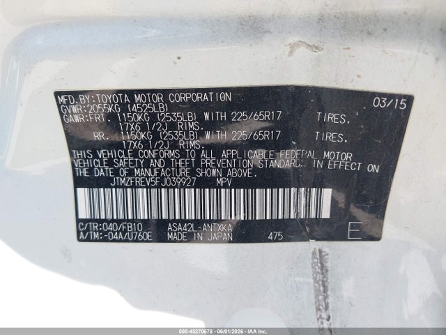 JTMZFREV5FJ039927 Toyota RAV4 LE