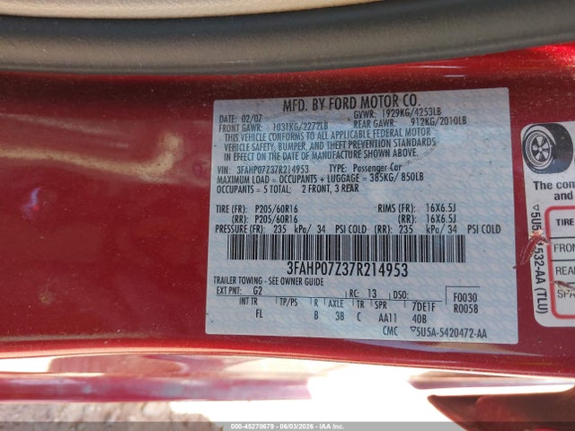 45270679 :رقم المزاد ، 3FAHP07Z37R214953 vin ، 2007 Ford Fusion Se مزاد بيع