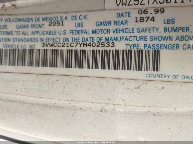 Aukcja sprzedaży 2000 Volkswagen New Beetle Gls, vin: 3VWCC21C7YM402533, numer aukcji: 45270683