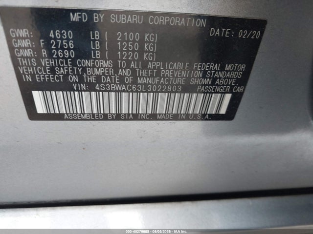 Aukcja sprzedaży 2020 Subaru Legacy Premium, vin: 4S3BWAC63L3022803, numer aukcji: 45270689