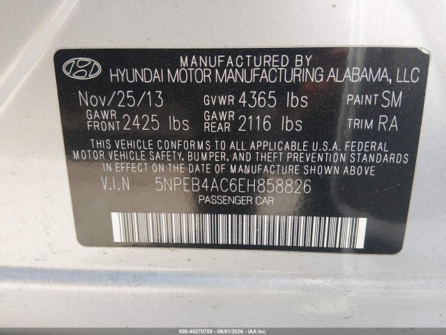 Aukcja sprzedaży 2014 Hyundai Sonata Gls, vin: 5NPEB4AC6EH858826, numer aukcji: 45270700