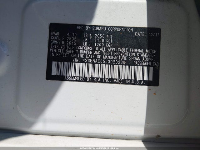 Aukcja sprzedaży 2018 Subaru Legacy 2.5i Premium, vin: 4S3BNAC65J3020230, numer aukcji: 45270714