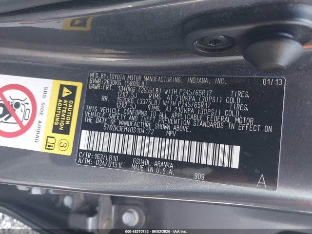 Продажа на аукционе авто 2013 Toyota Highlander Se V6, vin: 5TDZK3EH4DS104172, номер лота: 45270742