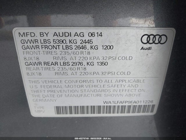 Продаж на аукціоні авто 2015 Audi Q5 2.0t Premium, vin: WA1LFAFP9FA011226, номер лоту: 45270749