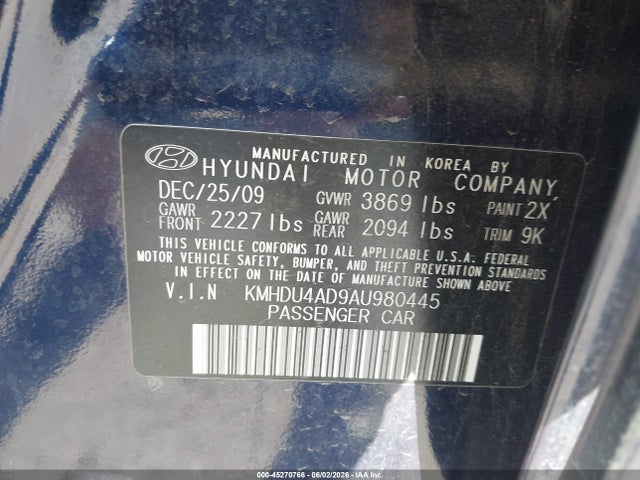 Aukcja sprzedaży 2010 Hyundai Elantra Gls, vin: KMHDU4AD9AU980445, numer aukcji: 45270766