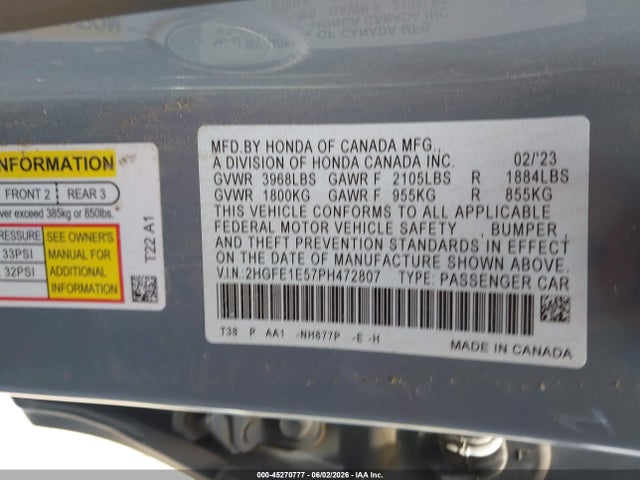 Продаж на аукціоні авто 2023 Honda Civic Si Sedan, vin: 2HGFE1E57PH472807, номер лоту: 45270777
