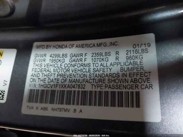 Honda ACCORD LX 2019 1HGCV1F1XKA047832 Image 9