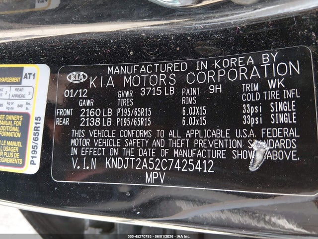 45270793 :رقم المزاد ، KNDJT2A52C7425412 vin ، 2012 Kia Soul مزاد بيع