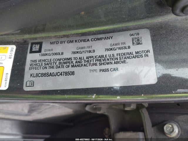 2018 Chevrolet Spark Ls Cvt მანქანა იყიდება აუქციონზე, vin: KL8CB6SA0JC478508, აუქციონის ნომერი: 45270802