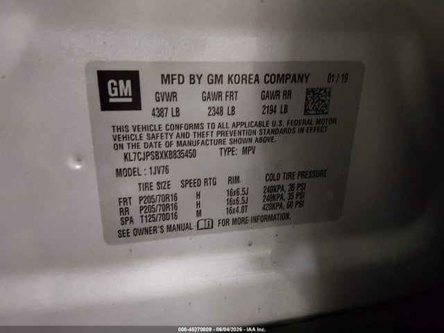 Aukcja sprzedaży 2019 Chevrolet Trax Lt, vin: KL7CJPSBXKB835450, numer aukcji: 45270809