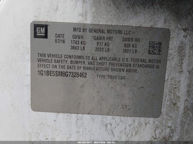 45270812 :رقم المزاد ، 1G1BE5SM8G7328462 vin ، 2016 Chevrolet Cruze Lt Auto مزاد بيع