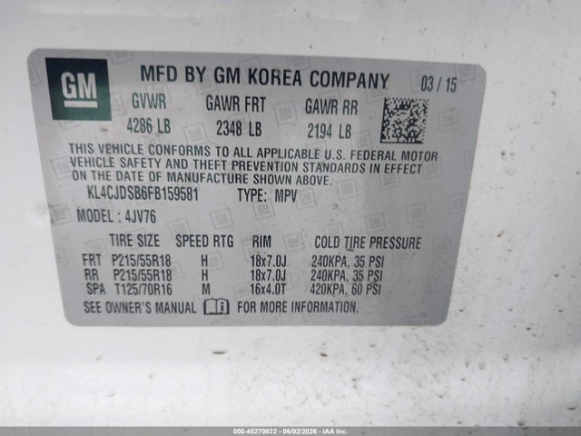 Aukcja sprzedaży 2015 Buick Encore Premium, vin: KL4CJDSB6FB159581, numer aukcji: 45270822