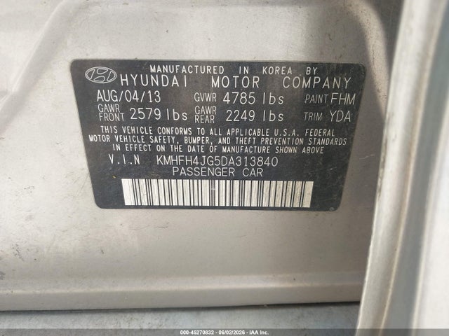 Продажа на аукционе авто 2013 Hyundai Azera, vin: KMHFH4JG5DA313840, номер лота: 45270832