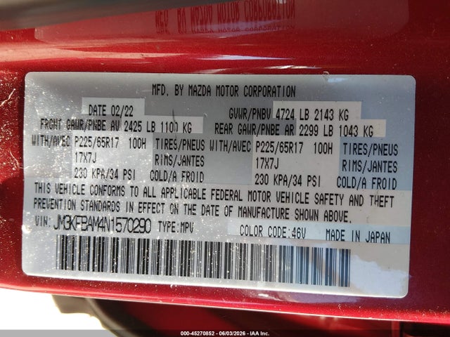 2022 Mazda Cx-5 2.5 S მანქანა იყიდება აუქციონზე, vin: JM3KFBAM4N1570290, აუქციონის ნომერი: 45270852