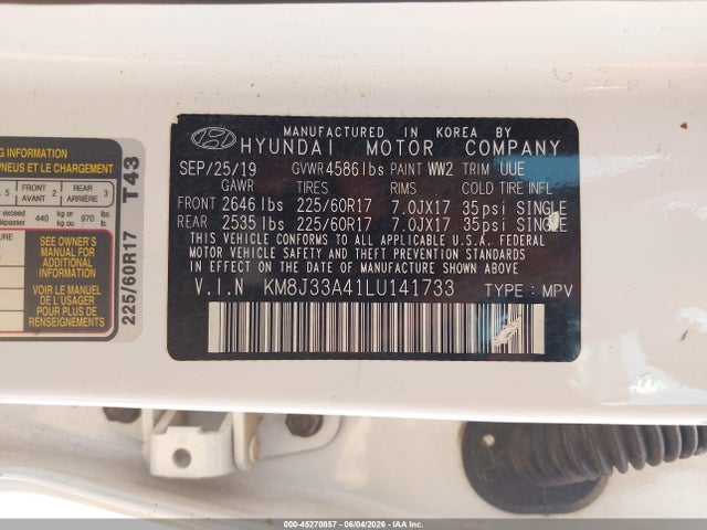 Aukcja sprzedaży 2020 Hyundai Tucson Value, vin: KM8J33A41LU141733, numer aukcji: 45270857