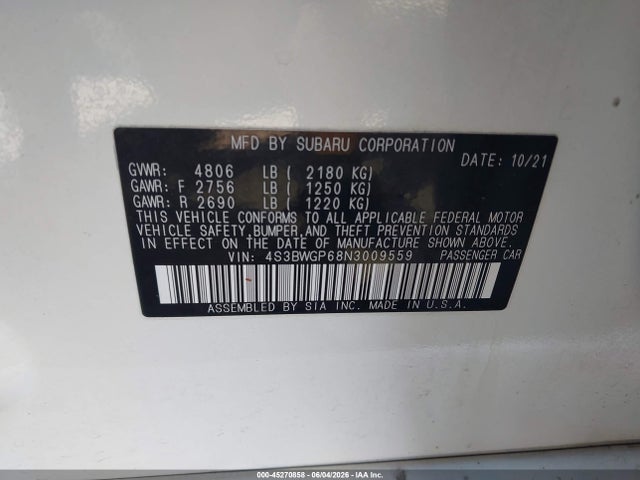 Aukcja sprzedaży 2022 Subaru Legacy Touring Xt, vin: 4S3BWGP68N3009559, numer aukcji: 45270858