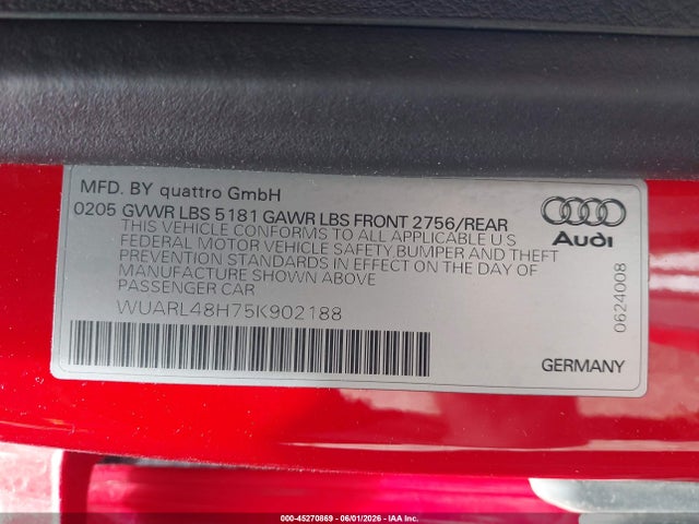 Aukcja sprzedaży 2005 Audi S4, vin: WUARL48H75K902188, numer aukcji: 45270869