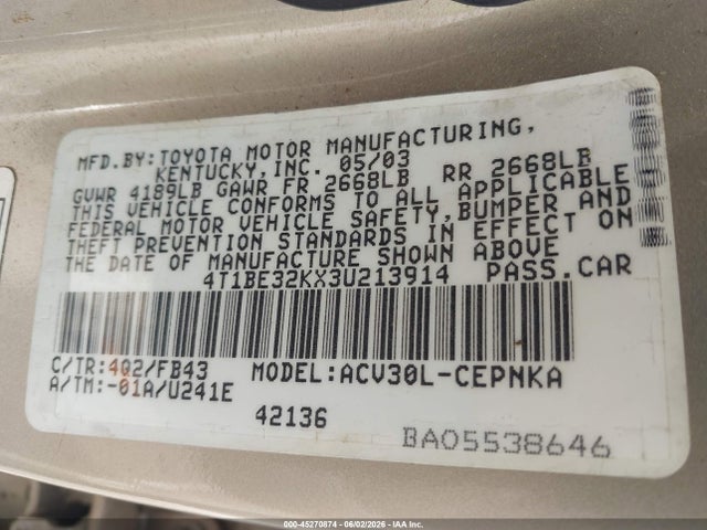 Aukcja sprzedaży 2003 Toyota Camry Le, vin: 4T1BE32KX3U213914, numer aukcji: 45270874