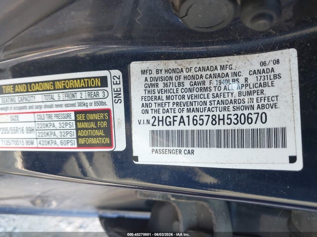 2008 Honda Civic Lx მანქანა იყიდება აუქციონზე, vin: 2HGFA16578H530670, აუქციონის ნომერი: 45270881