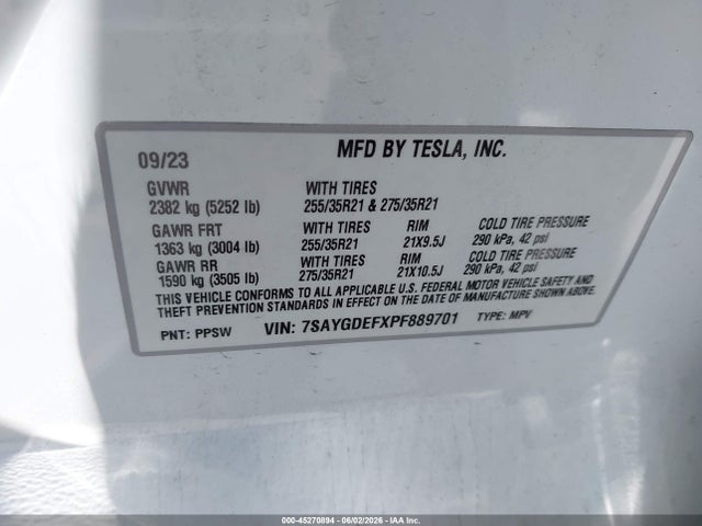 2023 Tesla Model Y Performance Dual Motor All-wheel Drive მანქანა იყიდება აუქციონზე, vin: 7SAYGDEFXPF889701, აუქციონის ნომერი: 45270894