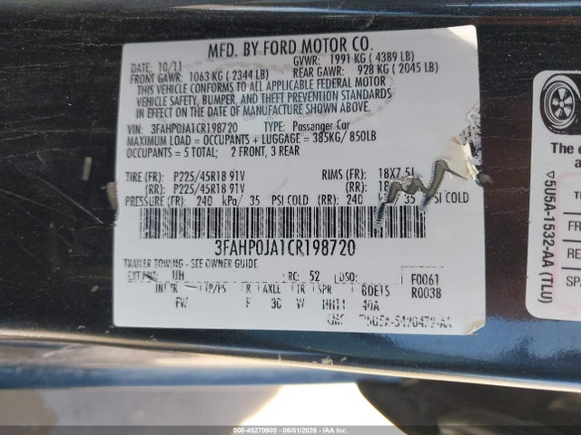 45270900 :رقم المزاد ، 3FAHP0JA1CR198720 vin ، 2012 Ford Fusion Sel مزاد بيع