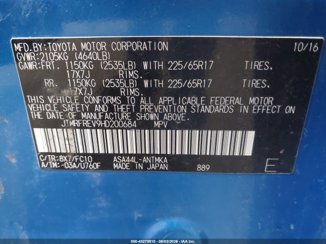 Aukcja sprzedaży 2017 Toyota Rav4 Xle, vin: JTMRFREV9HD200684, numer aukcji: 45270910