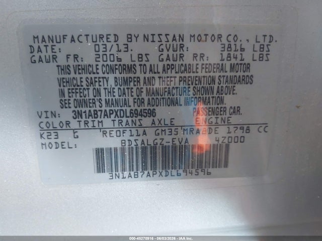 Продажа на аукционе авто 2013 Nissan Sentra Sl, vin: 3N1AB7APXDL694596, номер лота: 45270916
