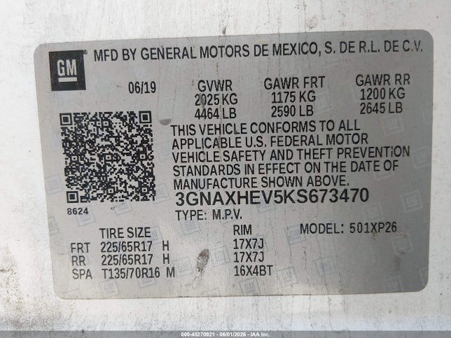 Продаж на аукціоні авто 2019 Chevrolet Equinox Ls, vin: 3GNAXHEV5KS673470, номер лоту: 45270921