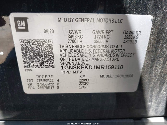 Продажа на аукционе авто 2021 Chevrolet Suburban 4wd Premier, vin: 1GNSKFKD1MR159110, номер лота: 45270936