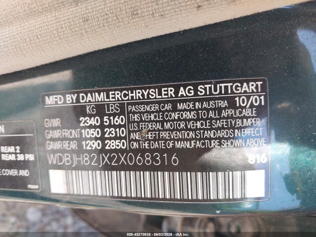 Продаж на аукціоні авто 2002 Mercedes-benz E 320 4m, vin: WDBJH82JX2X068316, номер лоту: 45270938