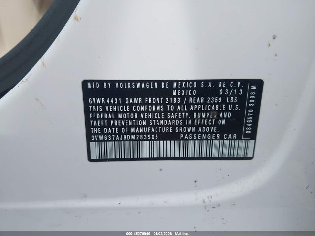 Aukcja sprzedaży 2013 Volkswagen Jetta Hybrid Se, vin: 3VW637AJ9DM283905, numer aukcji: 45270940