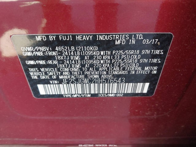 Продаж на аукціоні авто 2017 Subaru Forester 2.0xt Touring, vin: JF2SJGWC2HH576543, номер лоту: 45270945