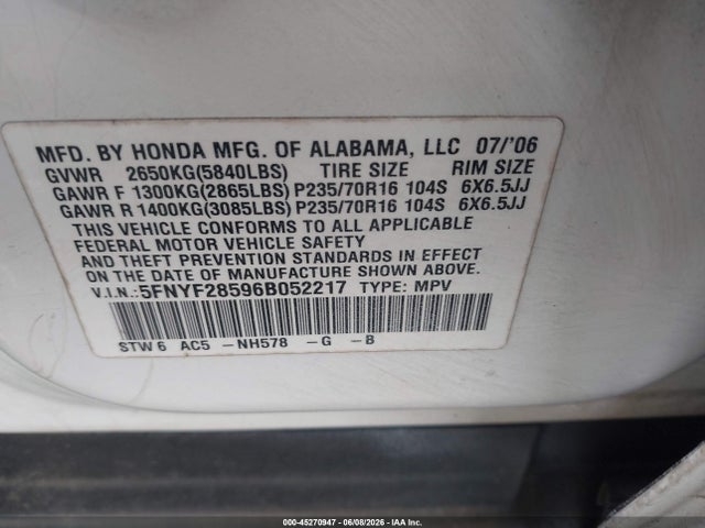 2006 Honda Pilot Ex-l მანქანა იყიდება აუქციონზე, vin: 5FNYF28596B052217, აუქციონის ნომერი: 45270947