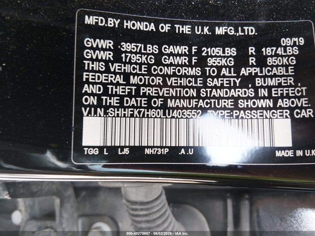 Aukcja sprzedaży 2020 Honda Civic Ex, vin: SHHFK7H60LU403552, numer aukcji: 45270957